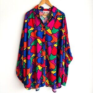 Vintage Jackie Jackie Colourful Heart Print Art Teacher Button Down Blouse 3X